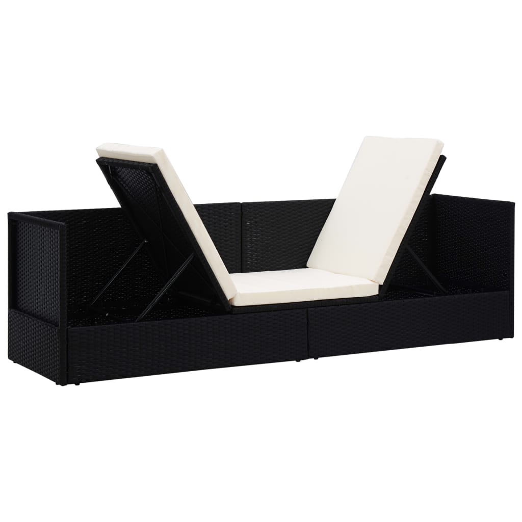 Tuinbed met kussens poly rattan zwart