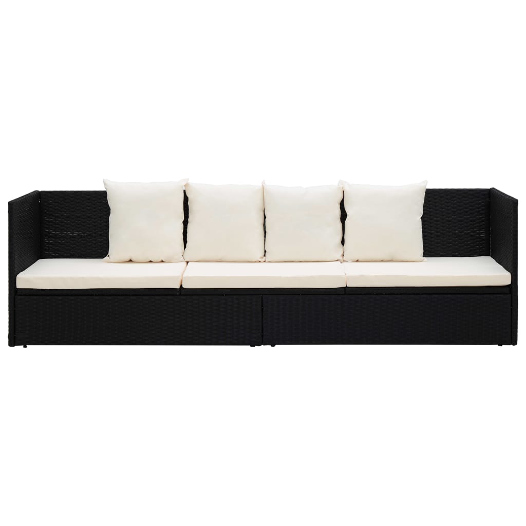 Tuinbed met kussens poly rattan zwart