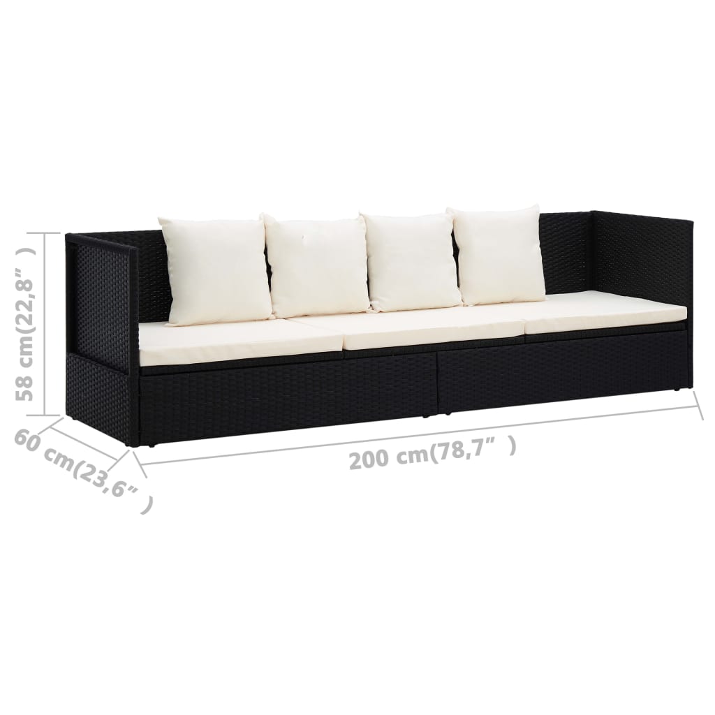 Tuinbed met kussens poly rattan zwart