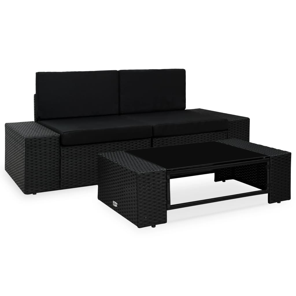 3-Delige Loungeset Poly Rattan Zwart 1 Hoekbank (linkerarmleuning) + hoekbank (rechterarmleuning) + salontafel