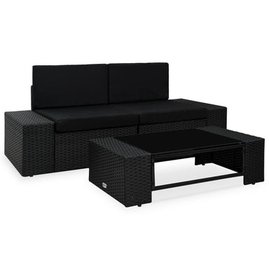 3-Delige Loungeset Poly Rattan Zwart 1 Hoekbank (linkerarmleuning) + hoekbank (rechterarmleuning) + salontafel