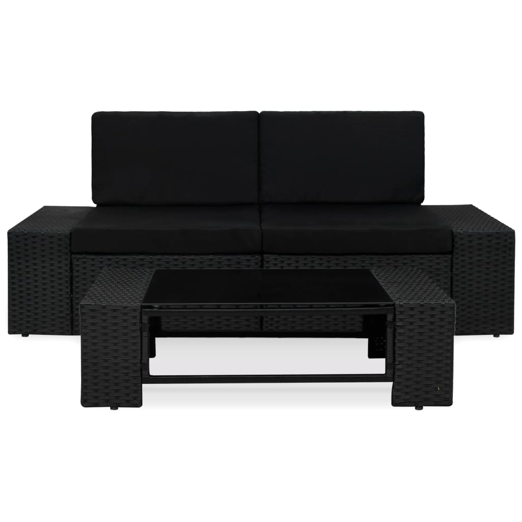 3-Delige Loungeset Poly Rattan Zwart 1 Hoekbank (linkerarmleuning) + hoekbank (rechterarmleuning) + salontafel