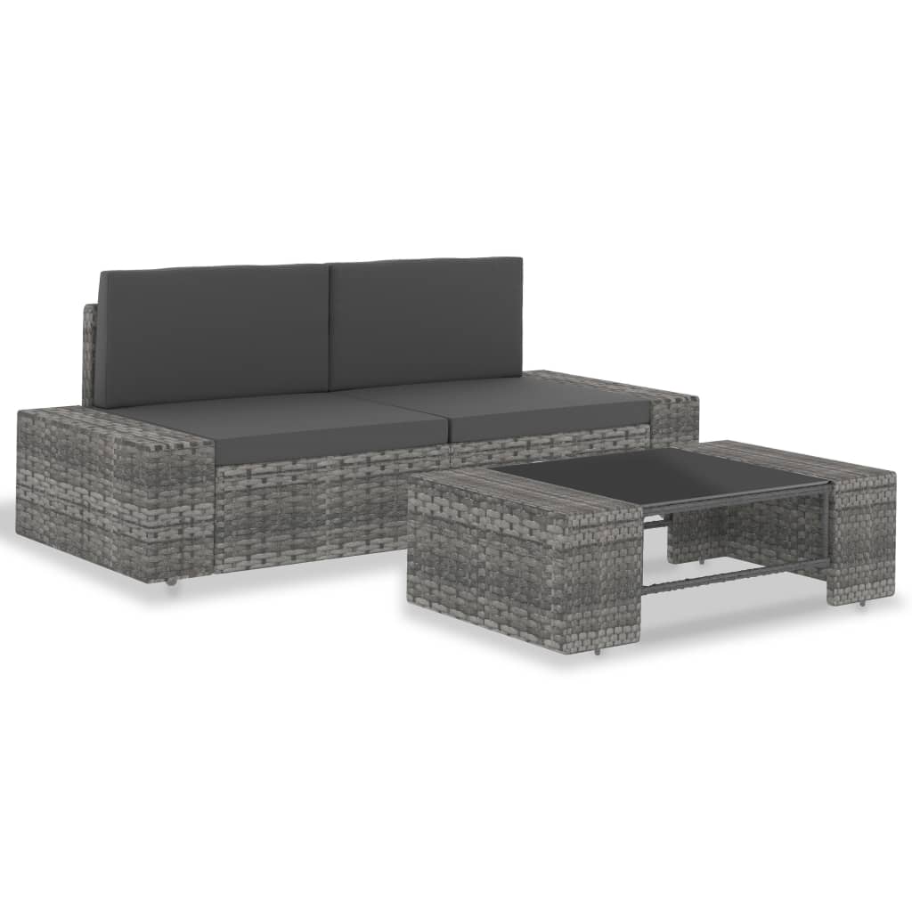 3-Delige Loungeset Poly Rattan Grijs 1 Hoekbank (linkerarmleuning) + hoekbank (rechterarmleuning) + salontafel
