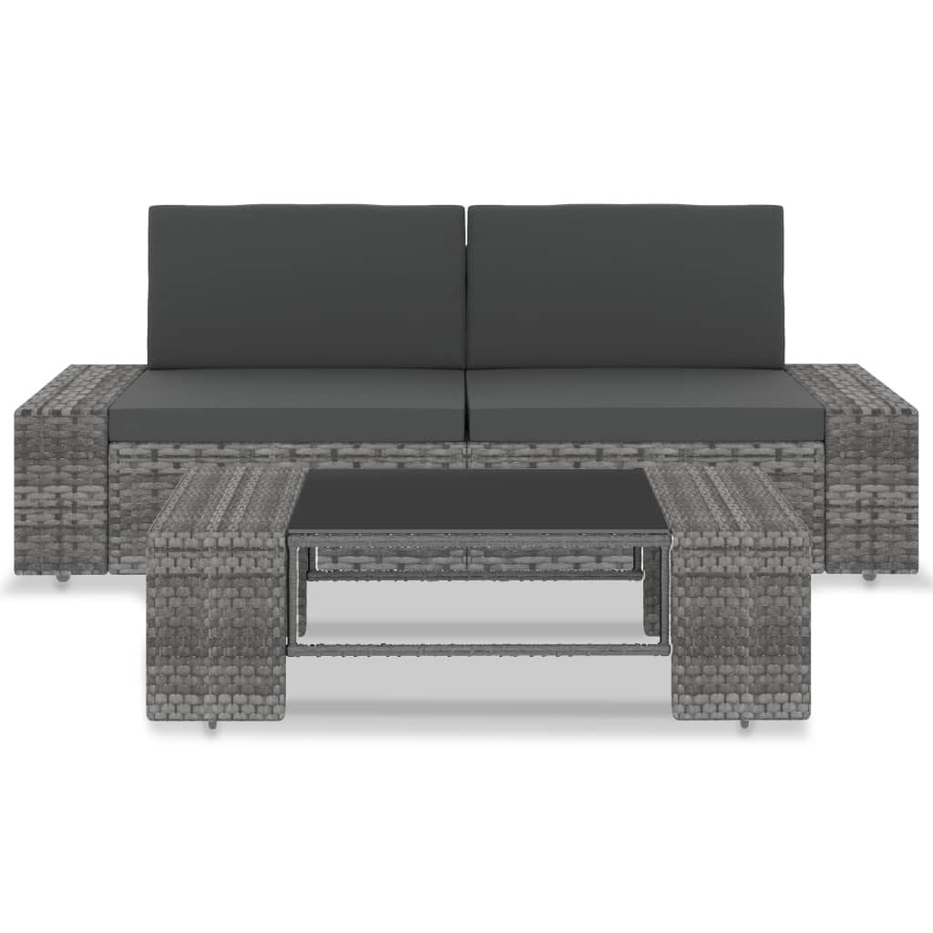 3-Delige Loungeset Poly Rattan Grijs 1 Hoekbank (linkerarmleuning) + hoekbank (rechterarmleuning) + salontafel