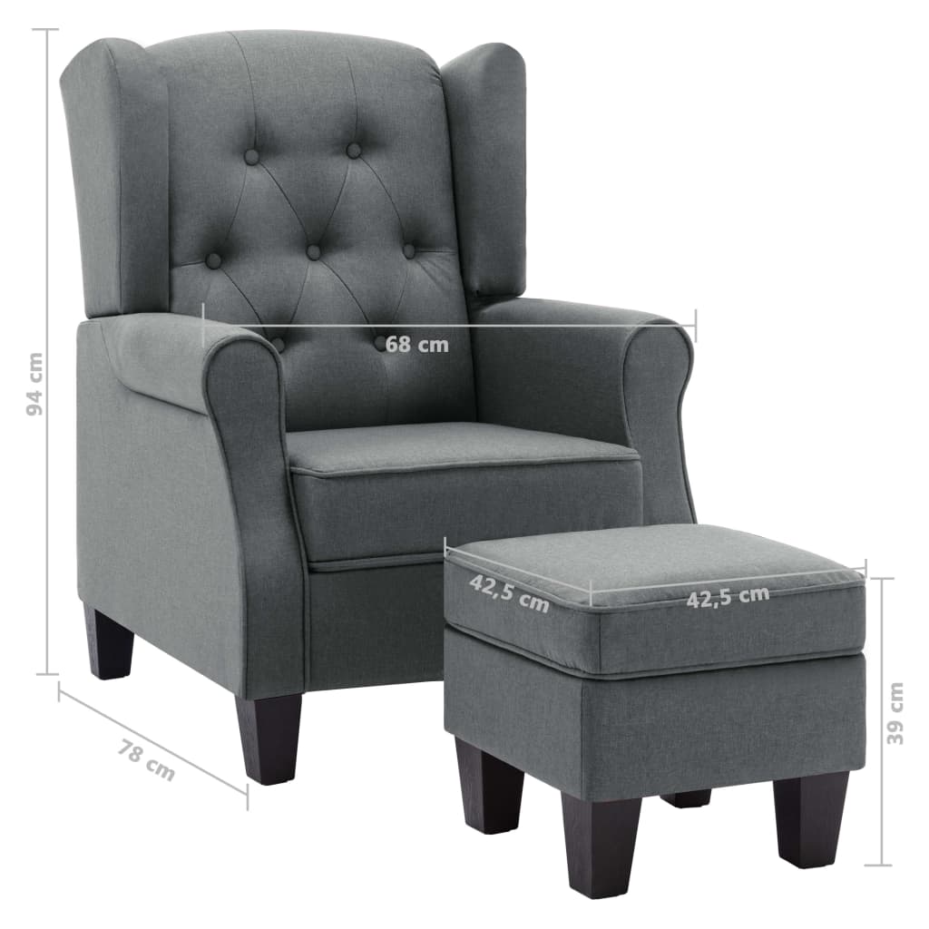 Fauteuil met voetenbankje stof lichtgrijs