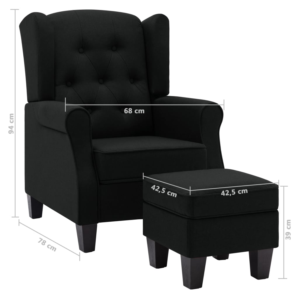 Fauteuil met voetenbankje stof zwart