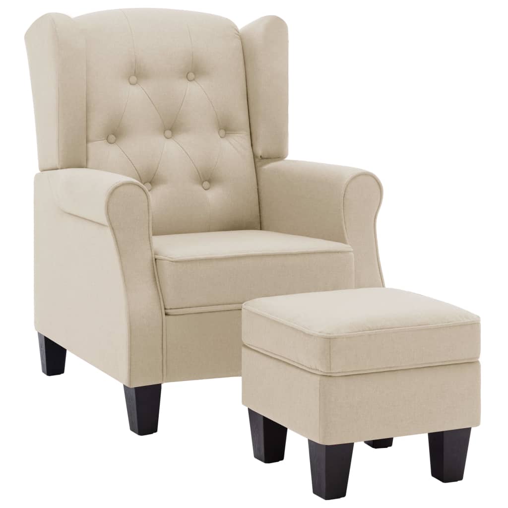 Fauteuil met voetenbankje stof crèmekleurig