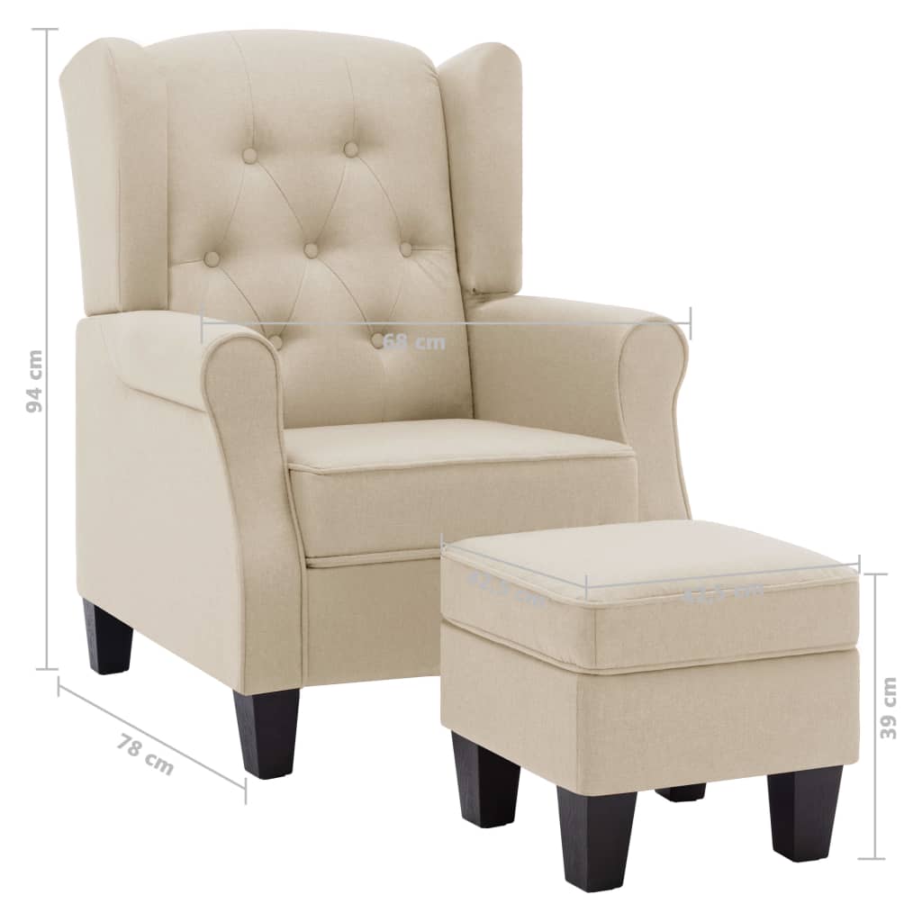 Fauteuil met voetenbankje stof crèmekleurig