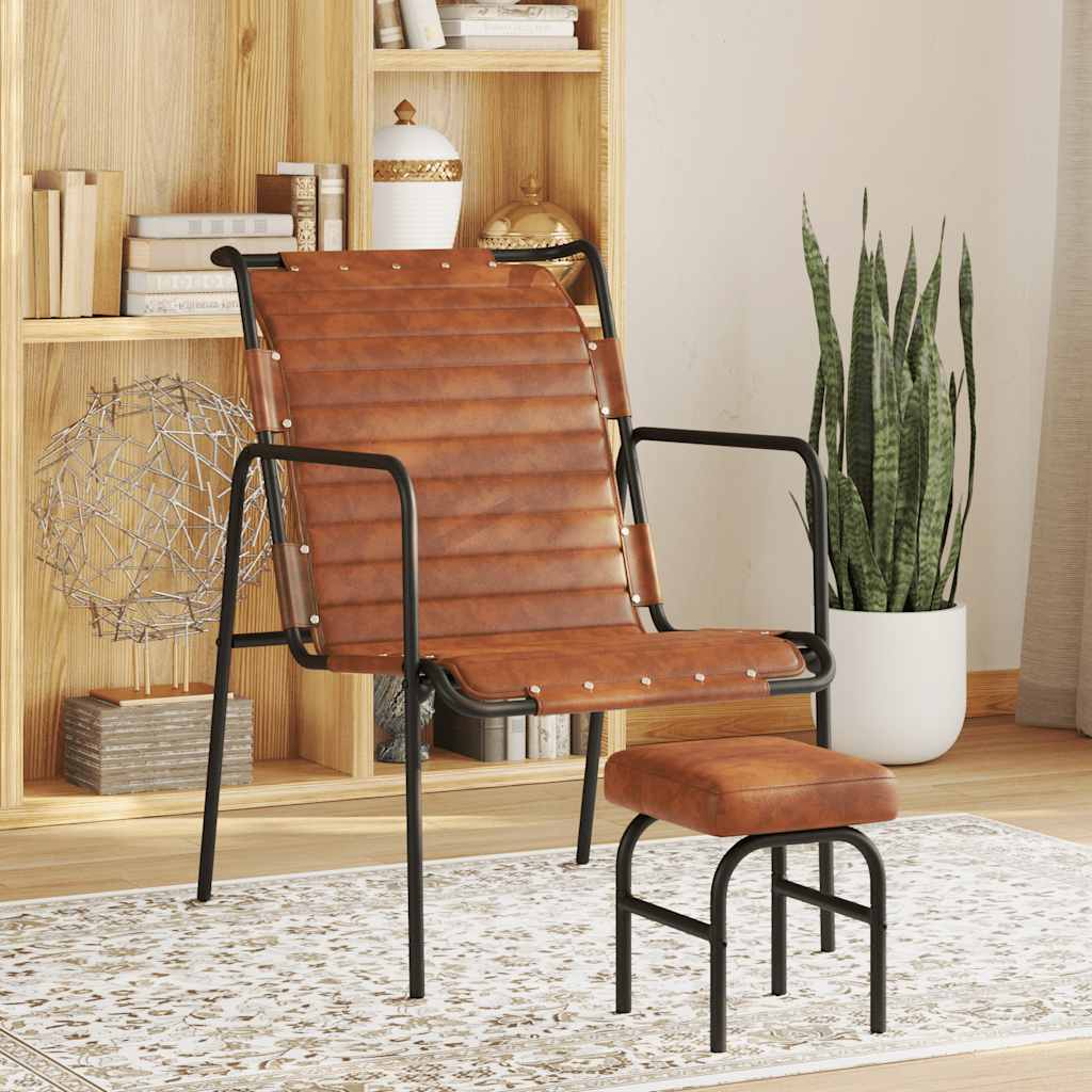 Relaxfauteuil met voetenbankje echt leer bruin