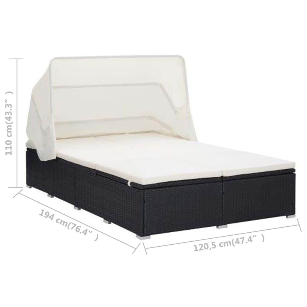 Ligbed met kussen 2-persoons poly rattan zwart