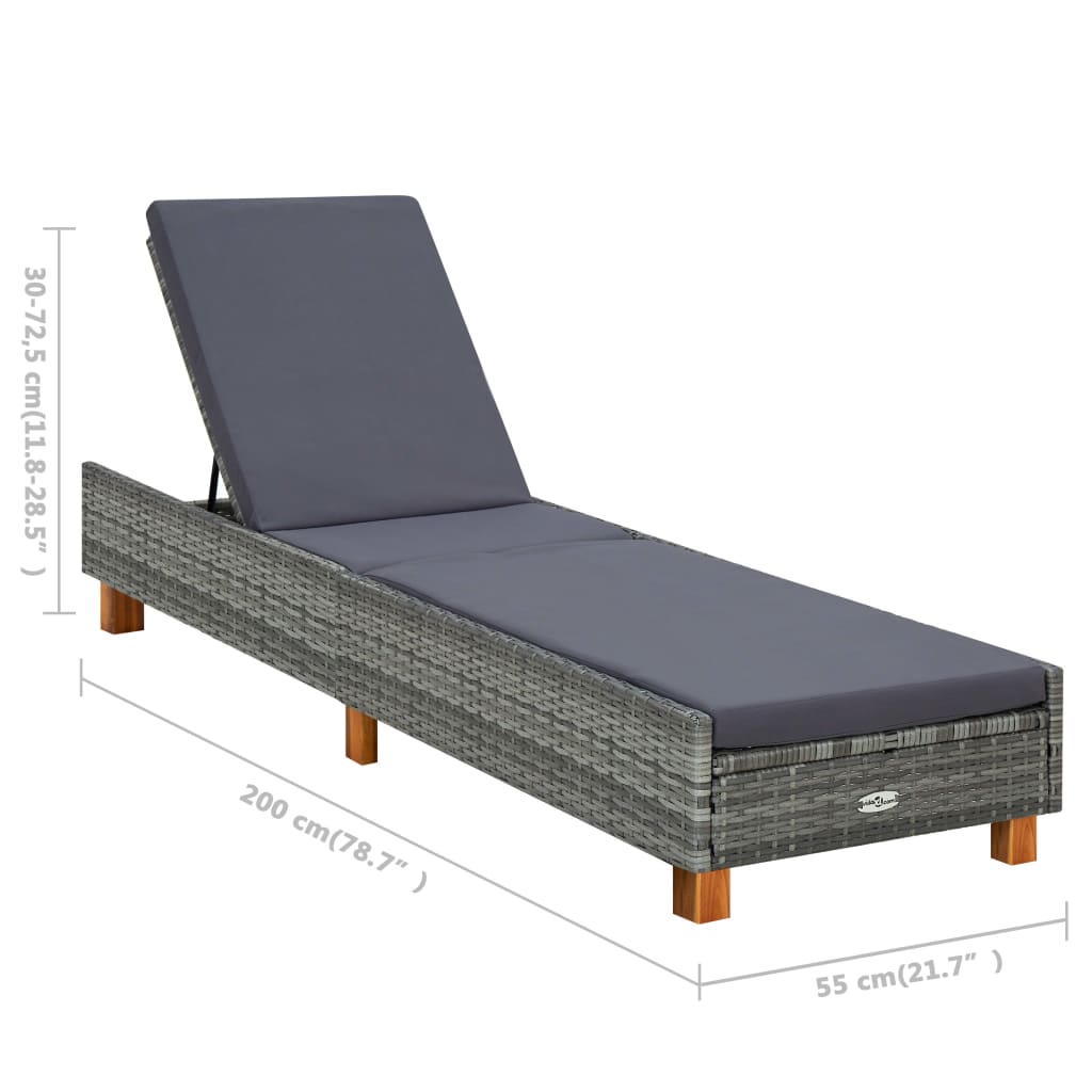 Ligbed met kussen poly rattan grijs