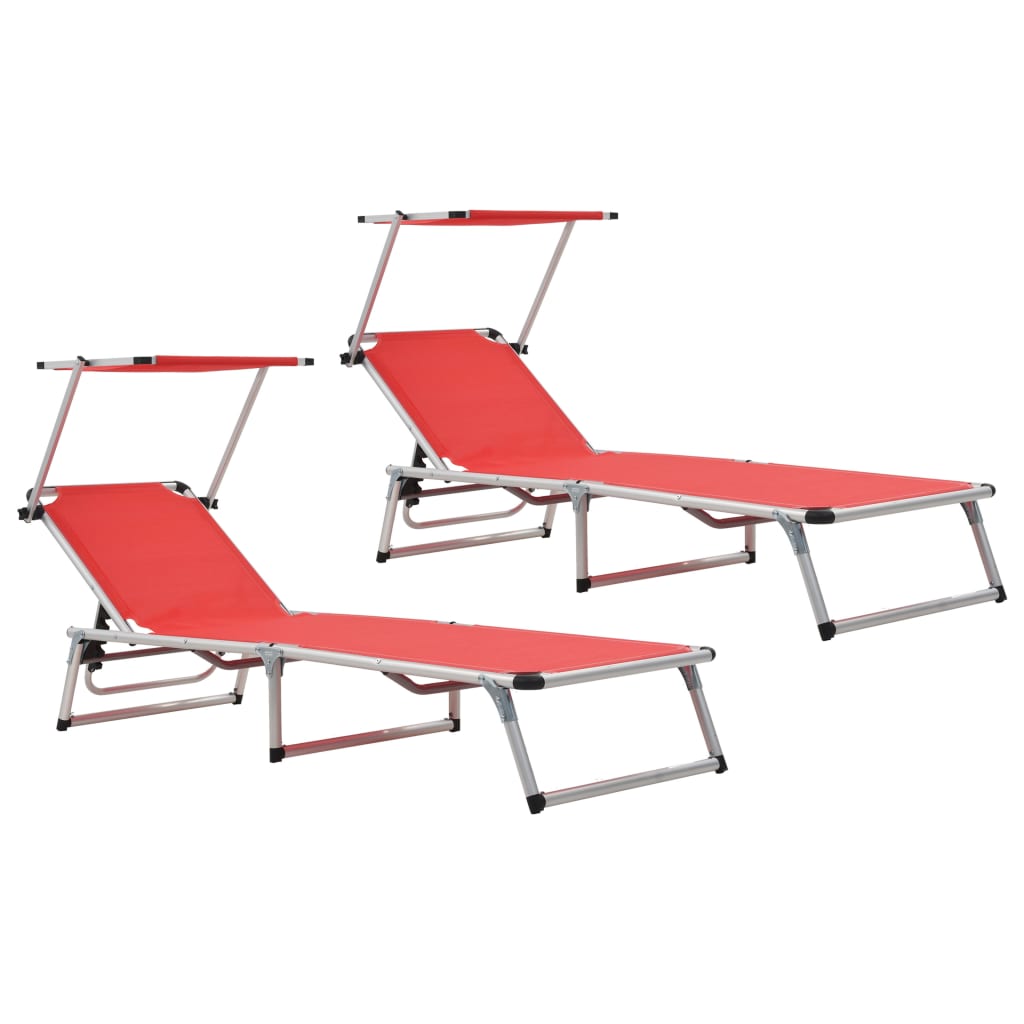 Ligbedden inklapbaar met dak 2 st aluminium en textileen rood