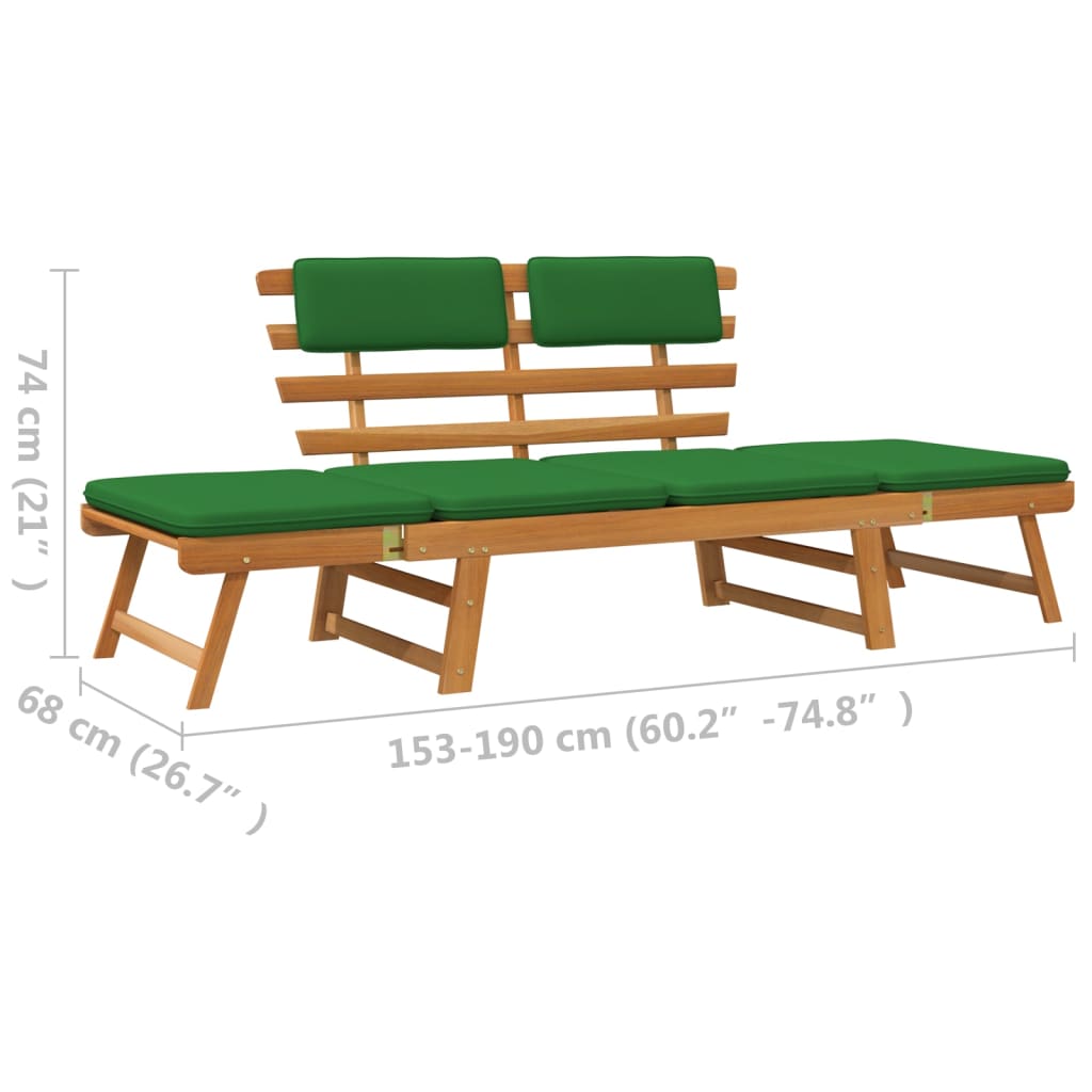 Tuinbank Met Kussens 2-In-1 190 Cm Massief Acaciahout Bruin en groen