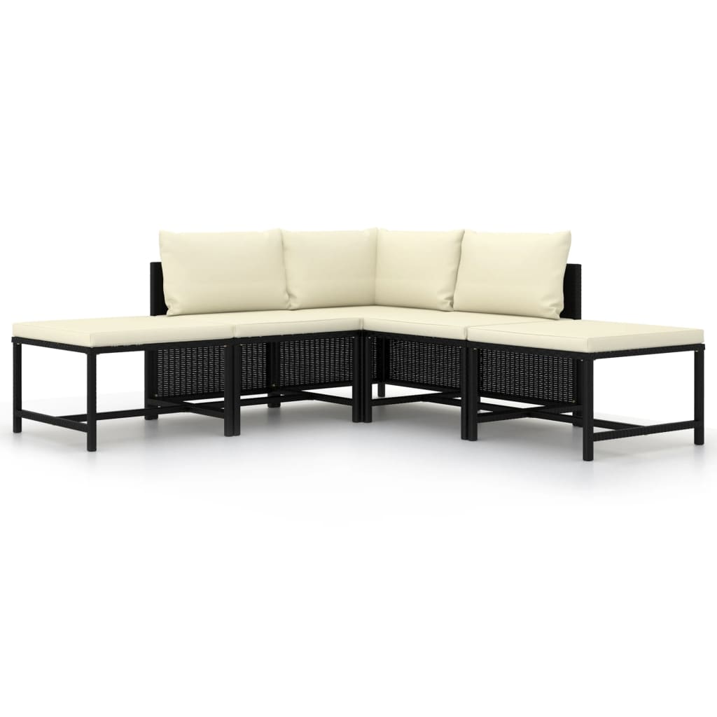 5-Delige Loungeset Met Kussens Poly Rattan Zwart 1 hoek + 2x midden + 2x voetensteun