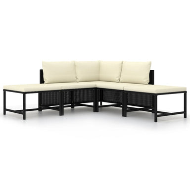 5-Delige Loungeset Met Kussens Poly Rattan Zwart 1 hoek + 2x midden + 2x voetensteun