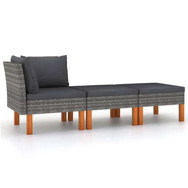 3-Delige Loungeset Poly Rattan En Massief Eucalyptushout 1 Grijs Hoekbank + voetensteun (2 st)