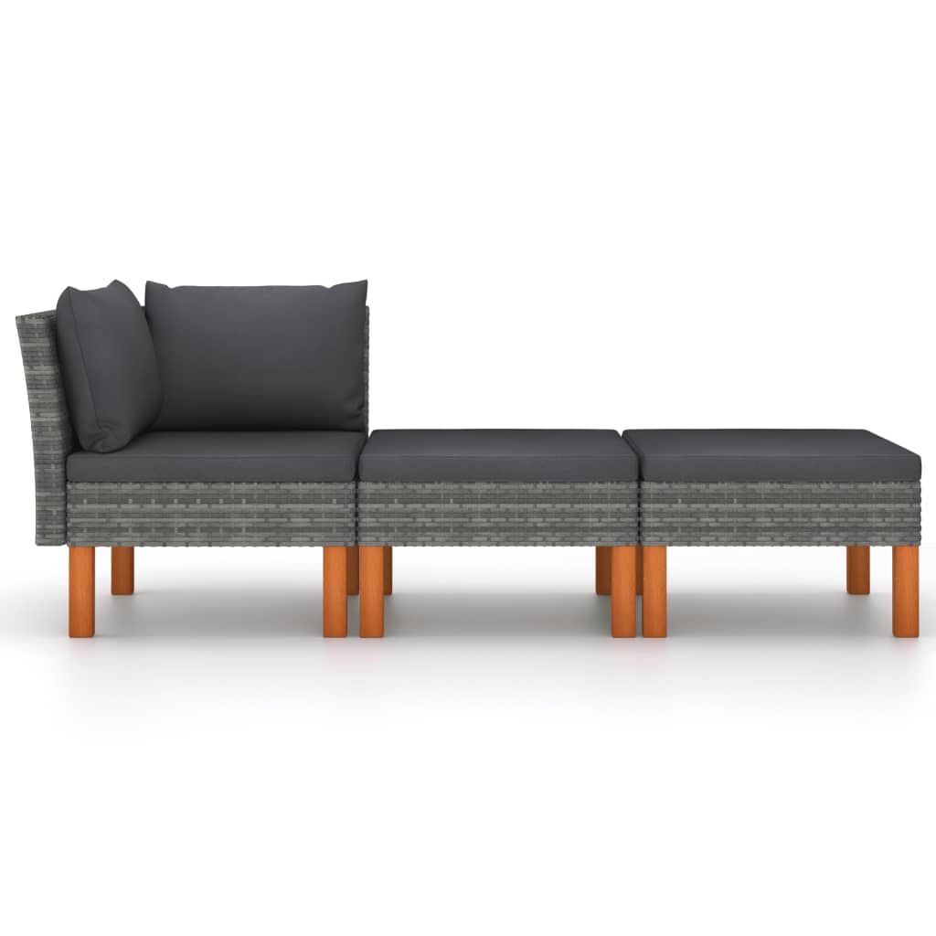 3-Delige Loungeset Poly Rattan En Massief Eucalyptushout 1 Grijs Hoekbank + voetensteun (2 st)