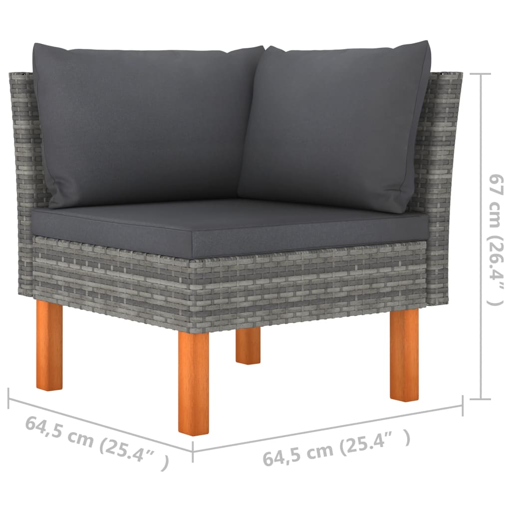 3-Delige Loungeset Poly Rattan En Massief Eucalyptushout 1 Grijs Hoekbank + voetensteun (2 st)