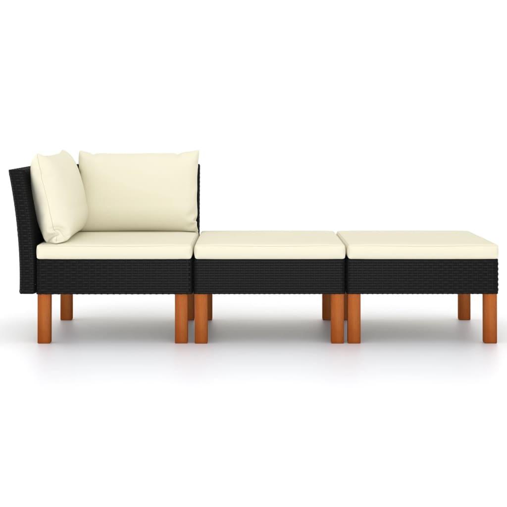 3-Delige Loungeset Poly Rattan En Massief Eucalyptushout 1 Zwart Hoekbank + voetensteun (2 st)