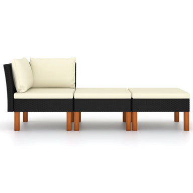 3-Delige Loungeset Poly Rattan En Massief Eucalyptushout 1 Zwart Hoekbank + voetensteun (2 st)