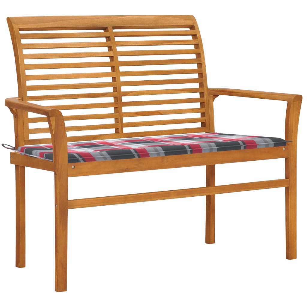 Tuinbank met rood geruit kussen 112 cm massief teakhout