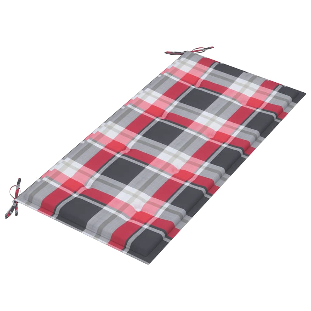 Tuinbank met rood geruit kussen 112 cm massief teakhout