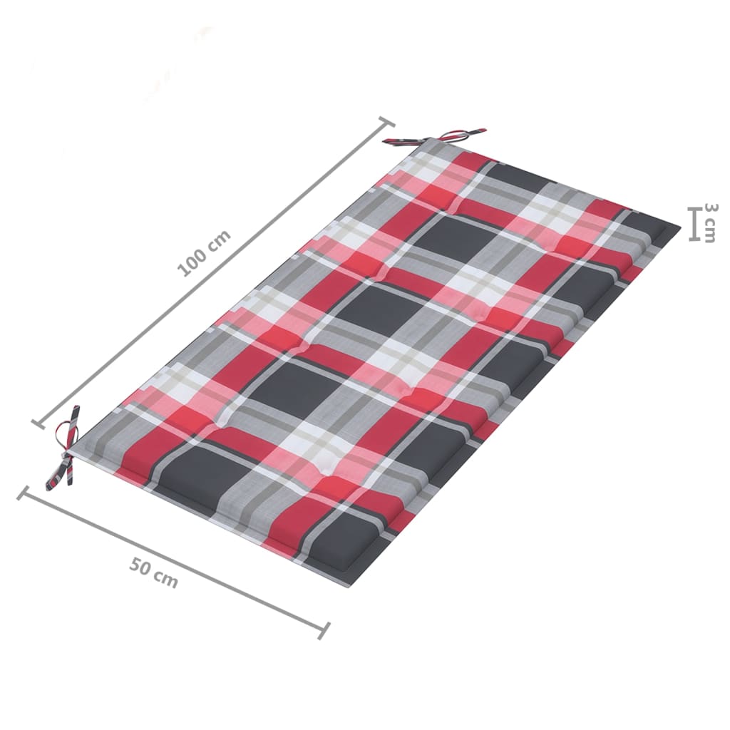 Tuinbank met rood geruit kussen 112 cm massief teakhout