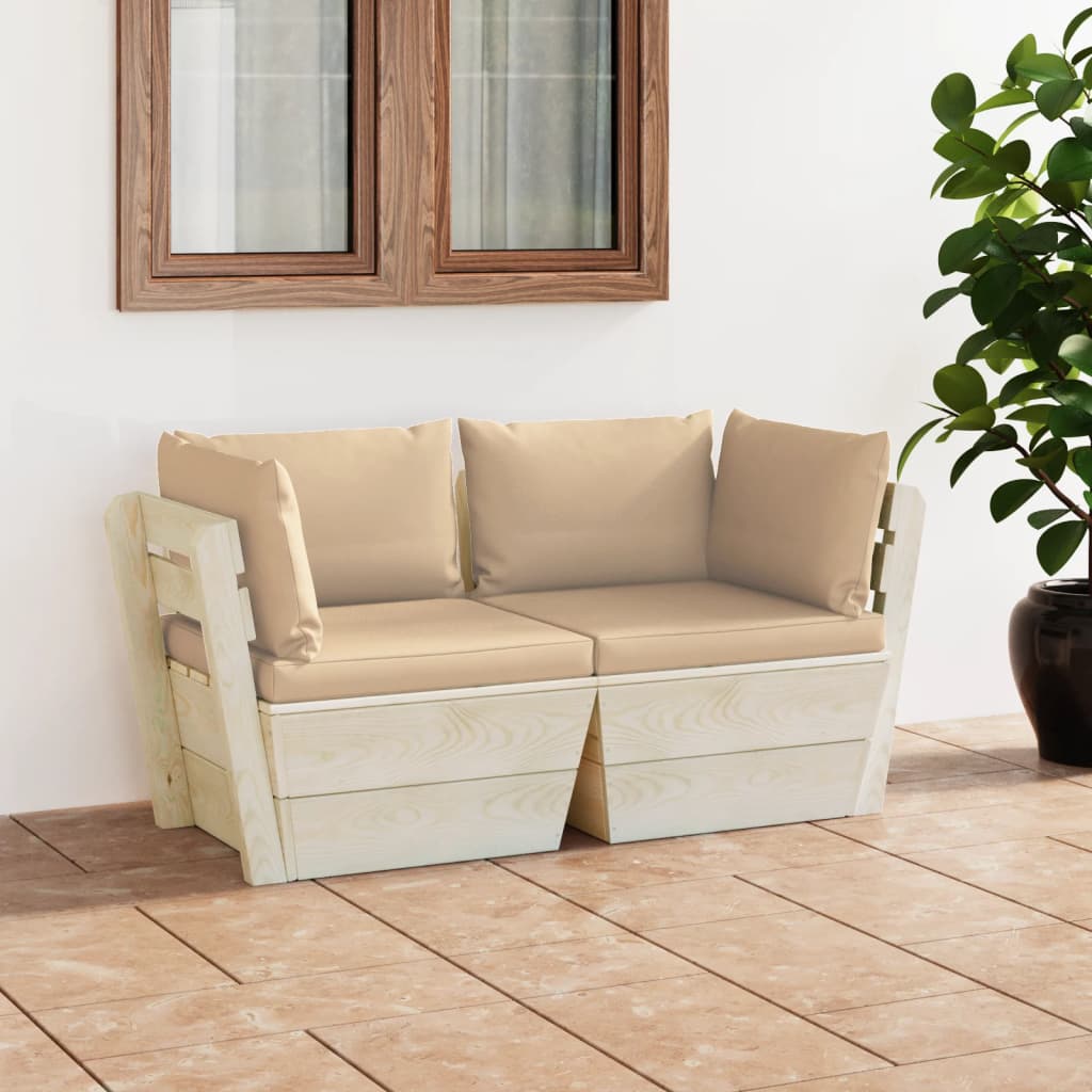 Tuinbank 2-Zits Met Kussens Pallet Vurenhout 1 Beige Tweezitsbank