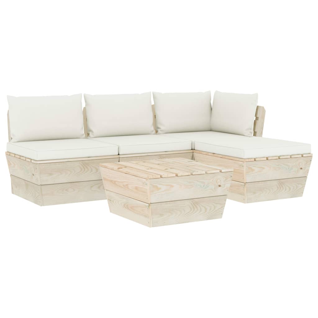 5-Delige Loungeset Met Kussens Pallet Vurenhout 1 Crème hoek + 2x midden + Tafel + voetensteun