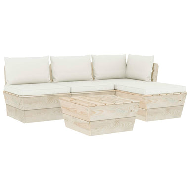 5-Delige Loungeset Met Kussens Pallet Vurenhout 1 Crème hoek + 2x midden + Tafel + voetensteun