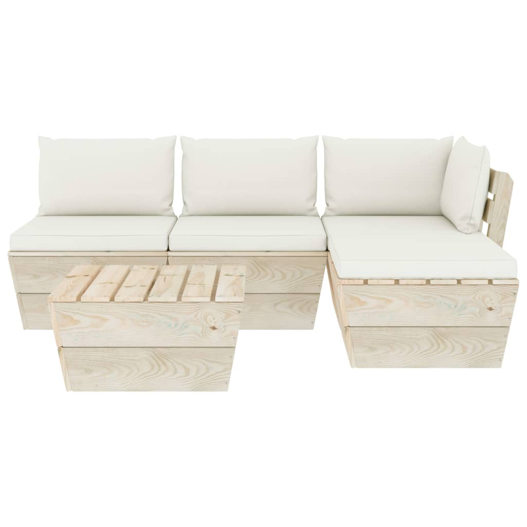 5-Delige Loungeset Met Kussens Pallet Vurenhout 1 Crème hoek + 2x midden + Tafel + voetensteun