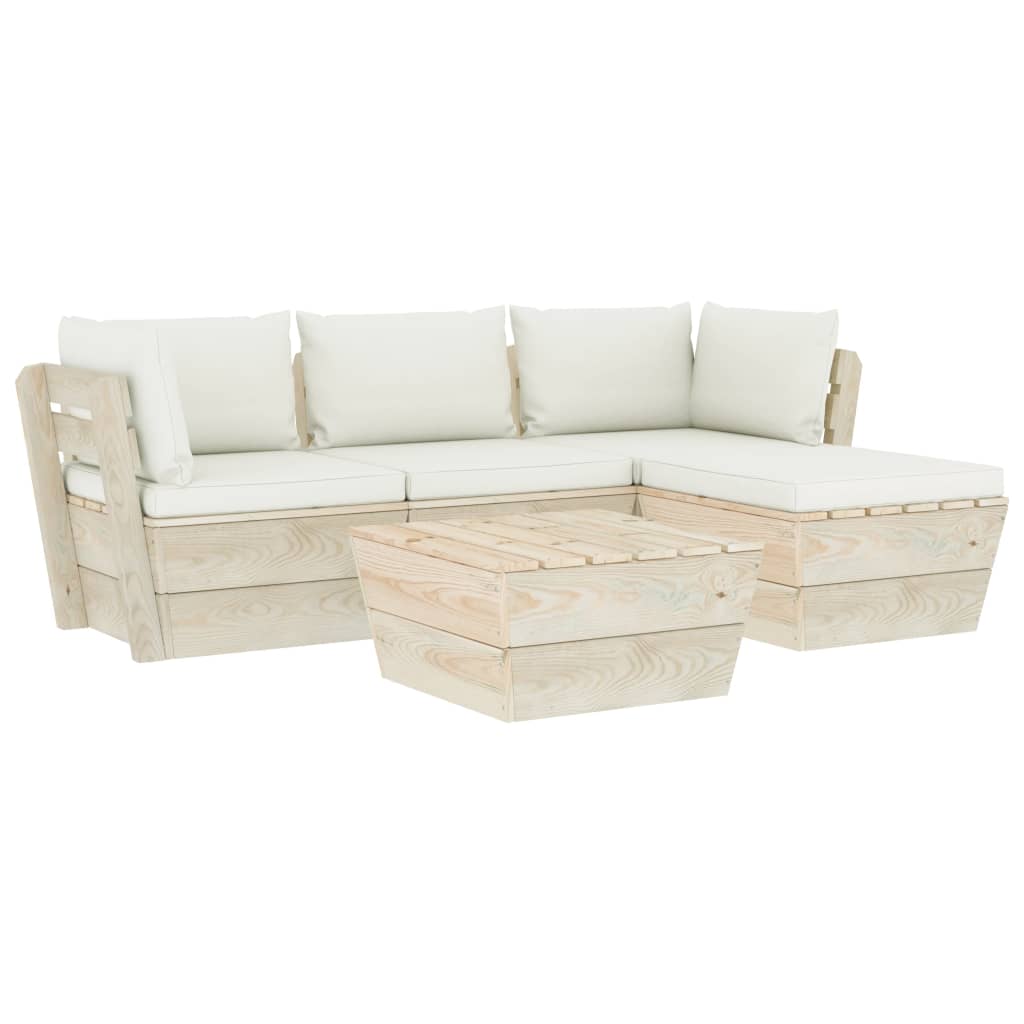 5-Delige Loungeset Met Kussens Pallet Vurenhout 1 Crème 2x hoek + midden + Tafel + voetensteun