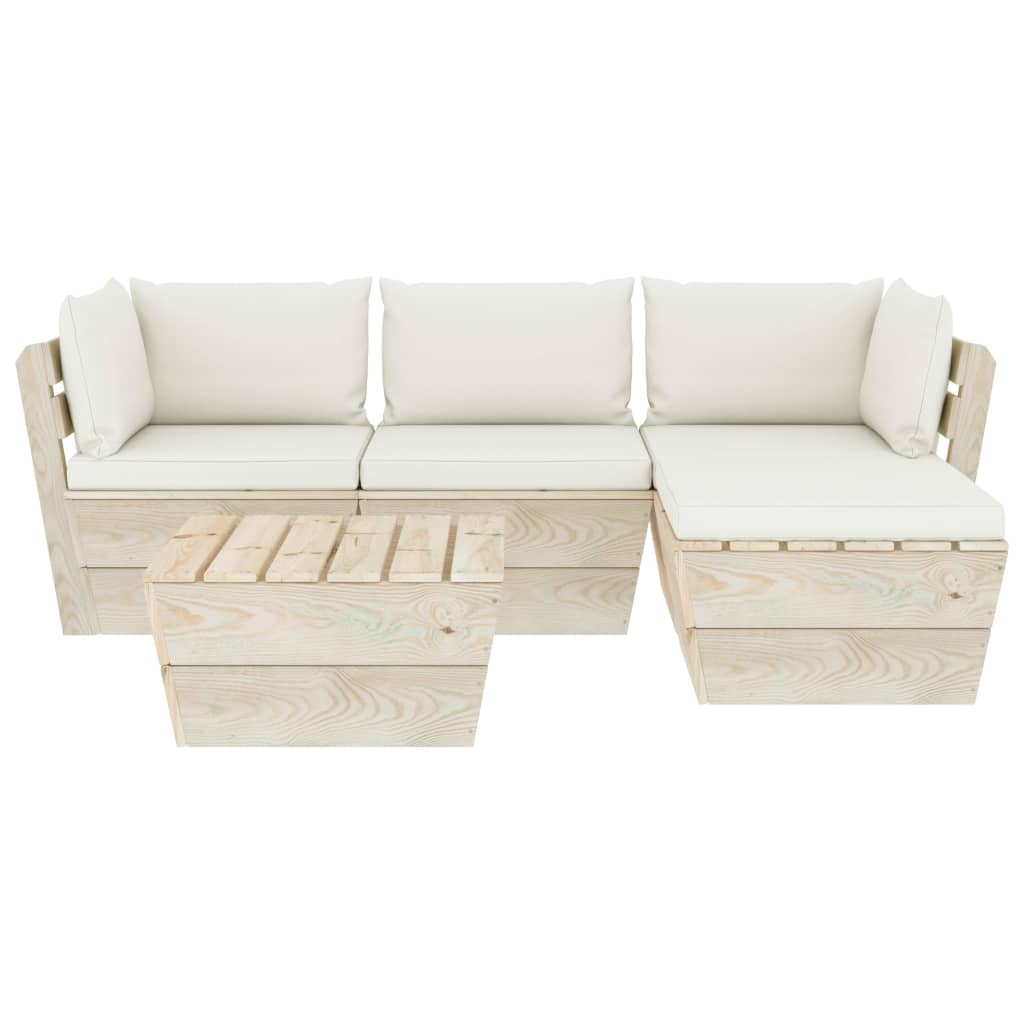 5-Delige Loungeset Met Kussens Pallet Vurenhout 1 Crème 2x hoek + midden + Tafel + voetensteun