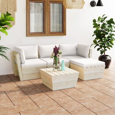5-Delige Loungeset Met Kussens Pallet Vurenhout 1 Crème 2x hoek + midden + Tafel + voetensteun