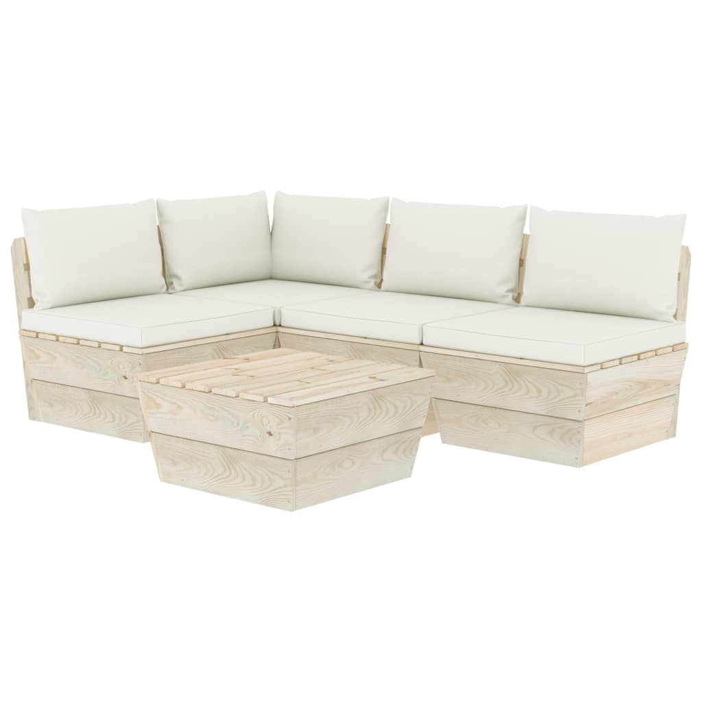 5-Delige Loungeset Met Kussens Pallet Vurenhout 1 Crème hoek + 3x midden + Tafel