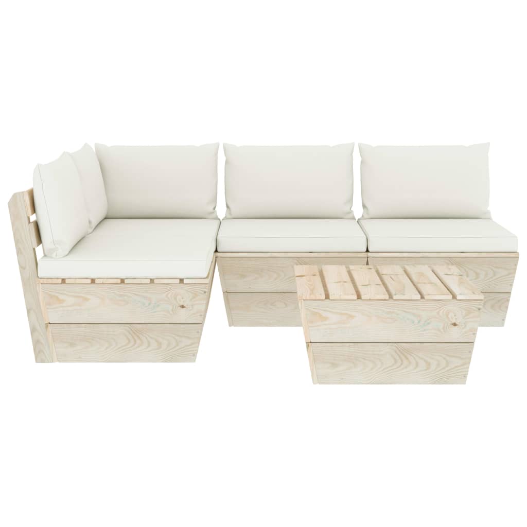 5-Delige Loungeset Met Kussens Pallet Vurenhout 1 Crème hoek + 3x midden + Tafel