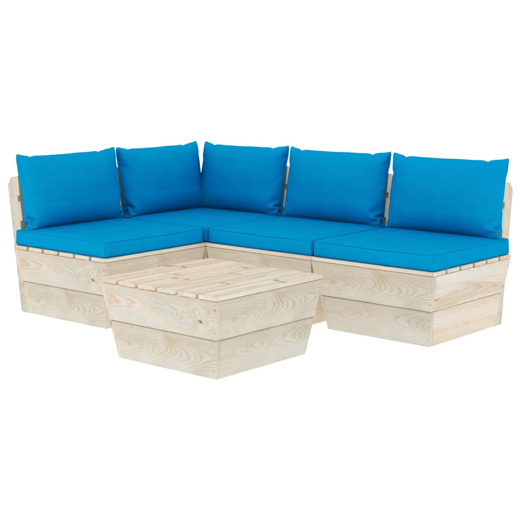 5-Delige Loungeset Met Kussens Pallet Vurenhout 1 lichtblauw hoek + 3x midden + Tafel