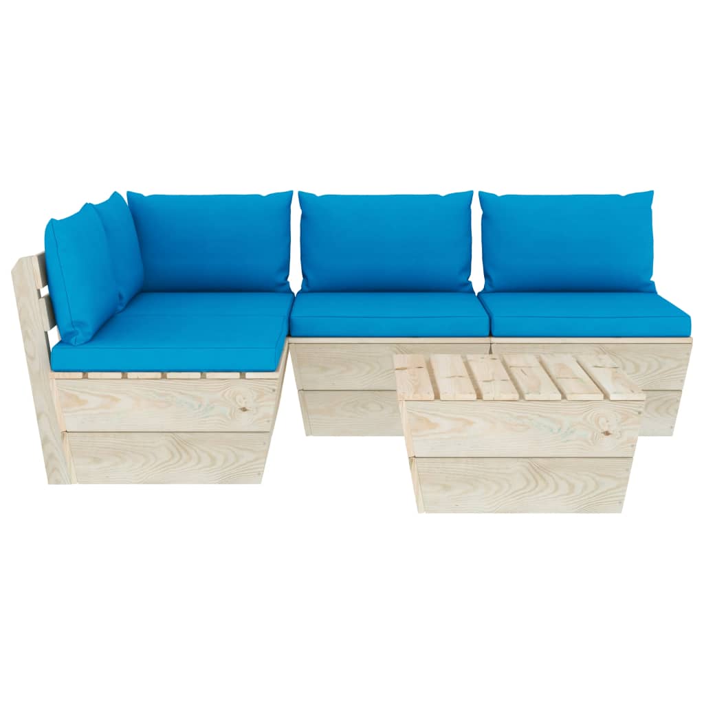5-Delige Loungeset Met Kussens Pallet Vurenhout 1 lichtblauw hoek + 3x midden + Tafel