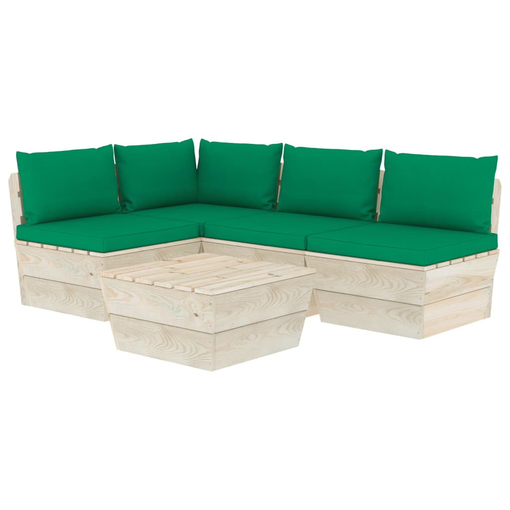 5-Delige Loungeset Met Kussens Pallet Vurenhout 1 Groen hoek + 3x midden + Tafel
