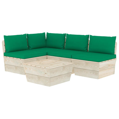 5-Delige Loungeset Met Kussens Pallet Vurenhout 1 Groen hoek + 3x midden + Tafel