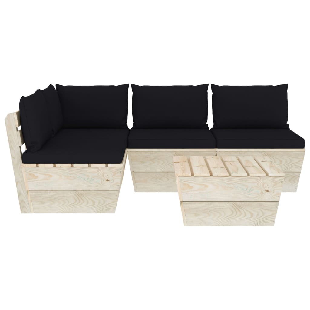 5-Delige Loungeset Met Kussens Pallet Vurenhout 1 Zwart hoek + 3x midden + Tafel
