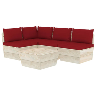 5-Delige Loungeset Met Kussens Pallet Vurenhout 1 Wijnrood hoek + 3x midden + Tafel