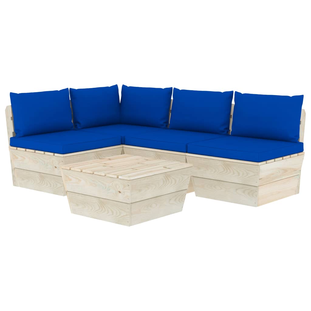 5-Delige Loungeset Met Kussens Pallet Vurenhout 1 Blauw hoek + 3x midden + Tafel