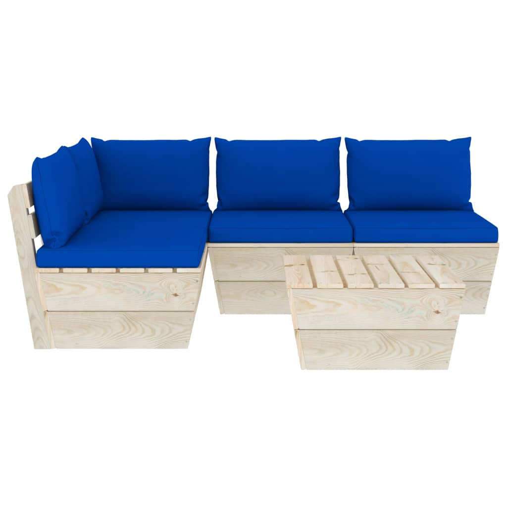 5-Delige Loungeset Met Kussens Pallet Vurenhout 1 Blauw hoek + 3x midden + Tafel