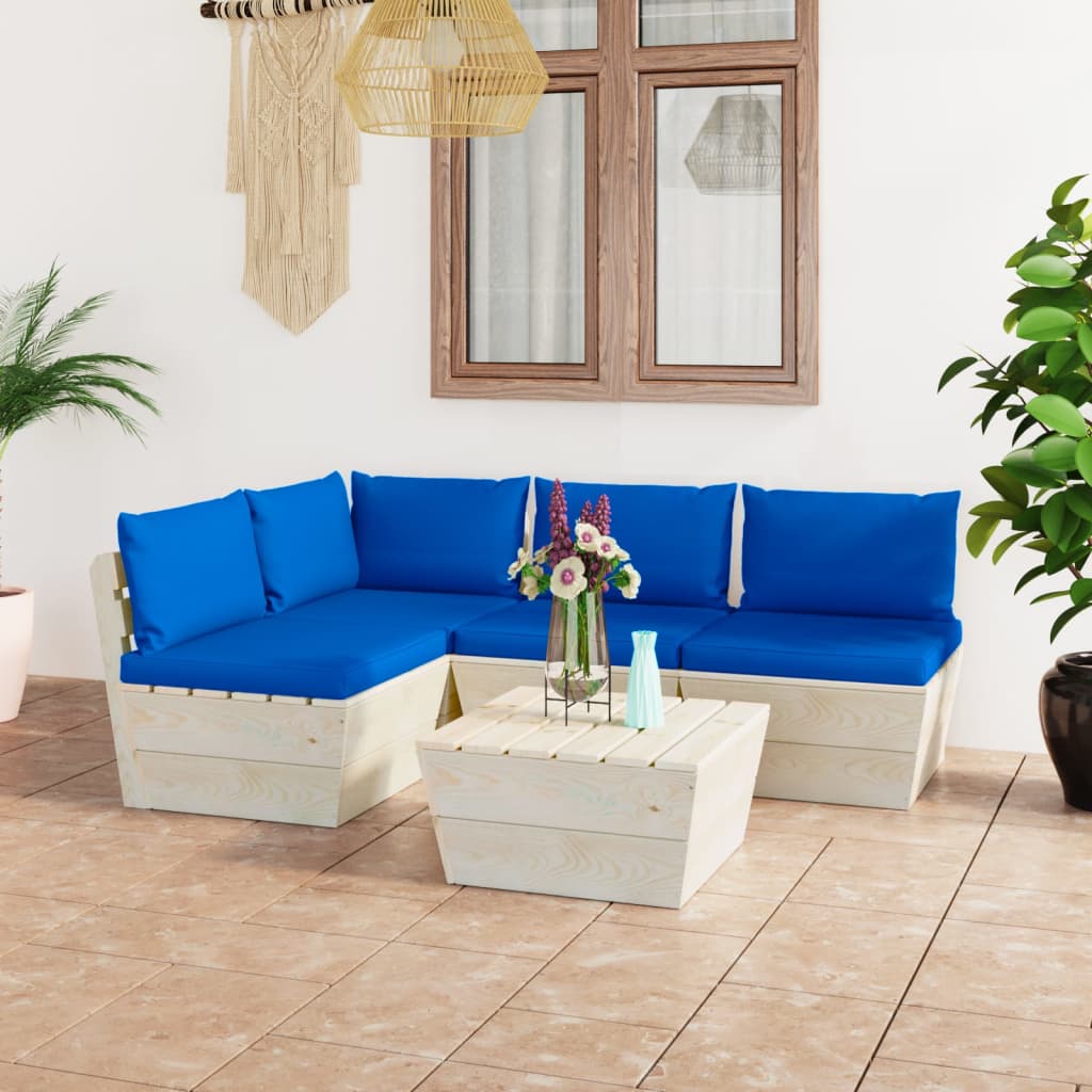 5-Delige Loungeset Met Kussens Pallet Vurenhout 1 Blauw hoek + 3x midden + Tafel