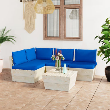 5-Delige Loungeset Met Kussens Pallet Vurenhout 1 Blauw hoek + 3x midden + Tafel