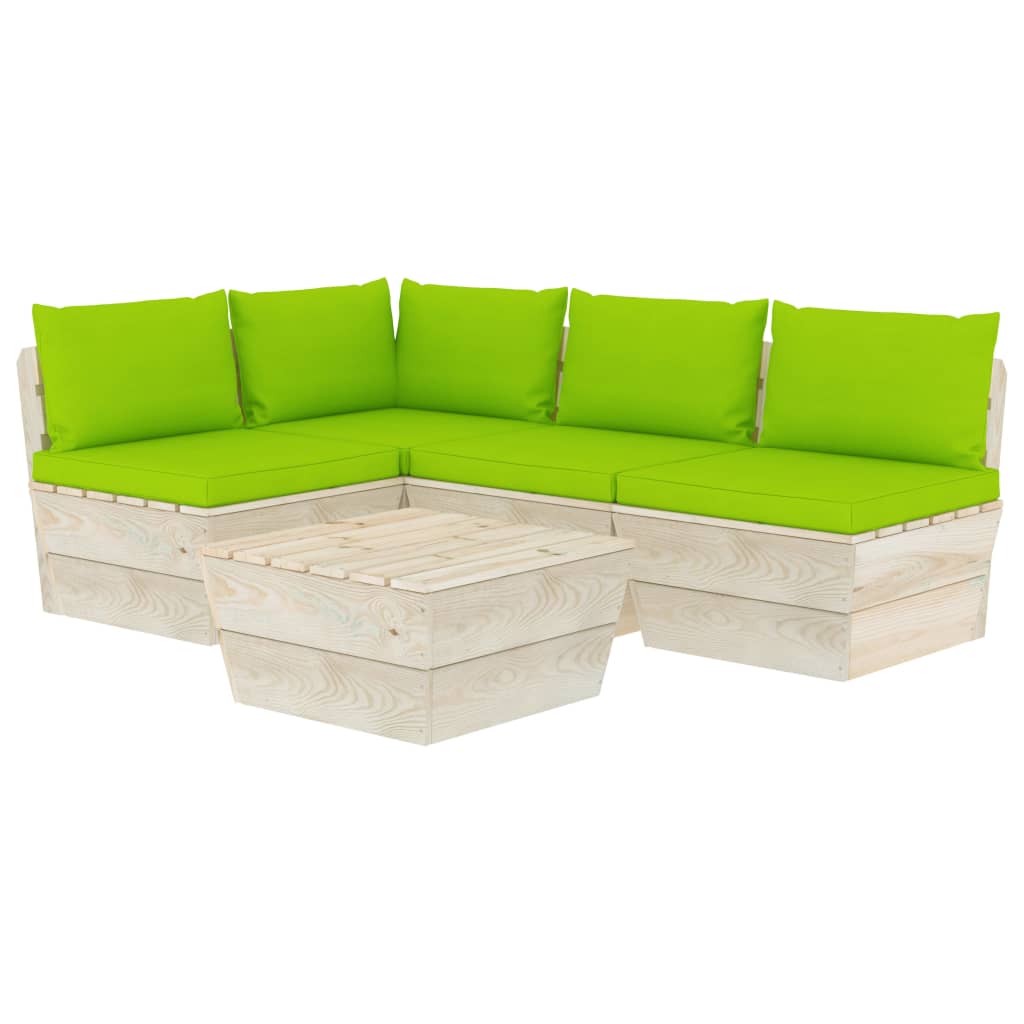 5-Delige Loungeset Met Kussens Pallet Vurenhout 1 Heldergroen hoek + 3x midden + Tafel