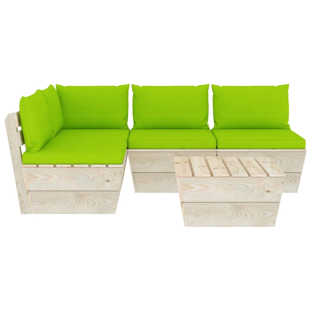 5-Delige Loungeset Met Kussens Pallet Vurenhout 1 Heldergroen hoek + 3x midden + Tafel