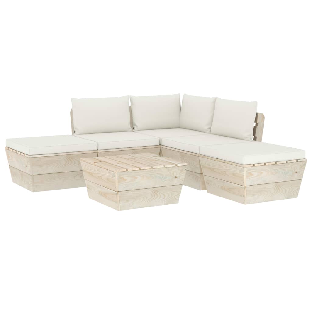 6-Delige Loungeset Met Kussens Pallet Vurenhout 1 Crème hoek + 2x midden + Tafel + 2x voetensteun