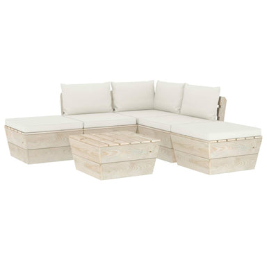 6-Delige Loungeset Met Kussens Pallet Vurenhout 1 Crème hoek + 2x midden + Tafel + 2x voetensteun